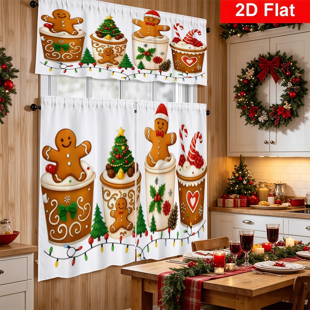 Christmas Kitchen Curtains, Gingerbread Hot Cocoa, Digital Print, Kitchen Dining Room, Rod Pocket Polyester, Home Decor