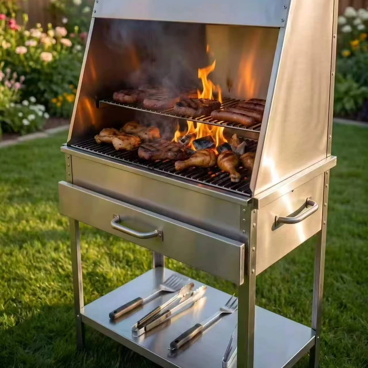 Premium Modern Compact Backyard Argentine Parrilla Gaucho Charcoal BBQ Grill, Stainless Steel, Adjustable Height
