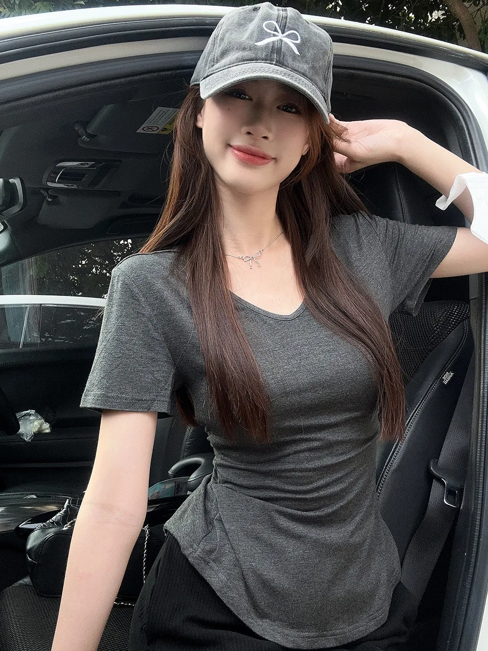 2026 Summer Y2K T Shirt Women V-neck Short-Sleeved T-Shirt Korean Fashion Solid Color Slim Crop Top Woman Tees Sexy Clothes