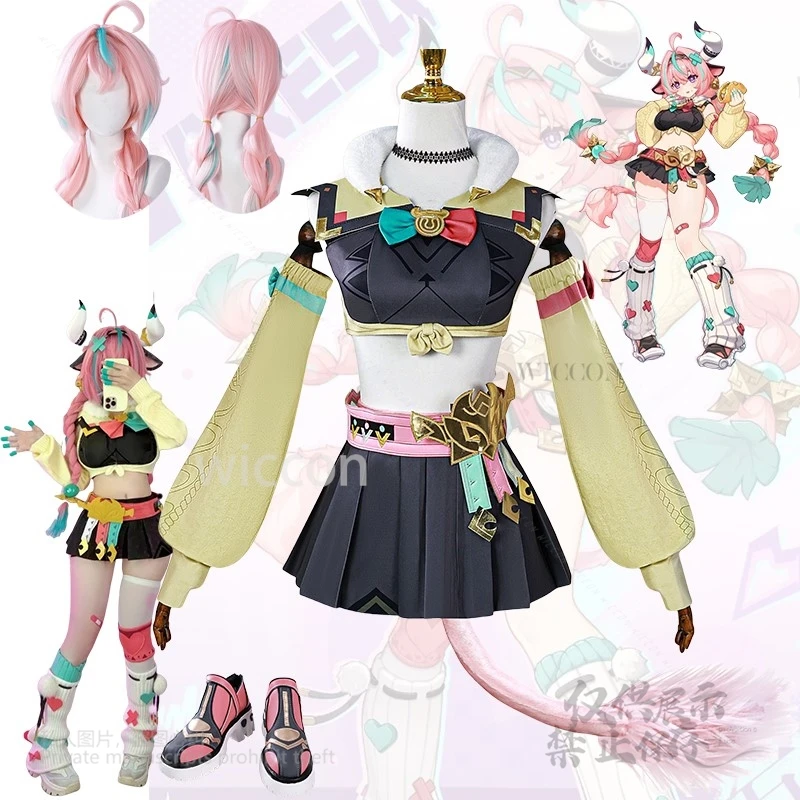 أنيمي لعبة جينشين تأثير فانيسا أنيمي زي الوردي شعر مستعار فستان ذيل موحد حفلة الهالوين للإناث الفتيات أنيمي مخصص