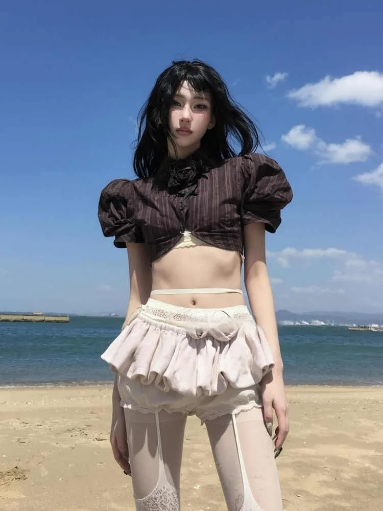 Sweet Cool Bubble Sve Ultra ort Crop Top المرأة irt الكورية Sle تخفيف أنبوب مستقيم الصيف Faion ديكور الورد