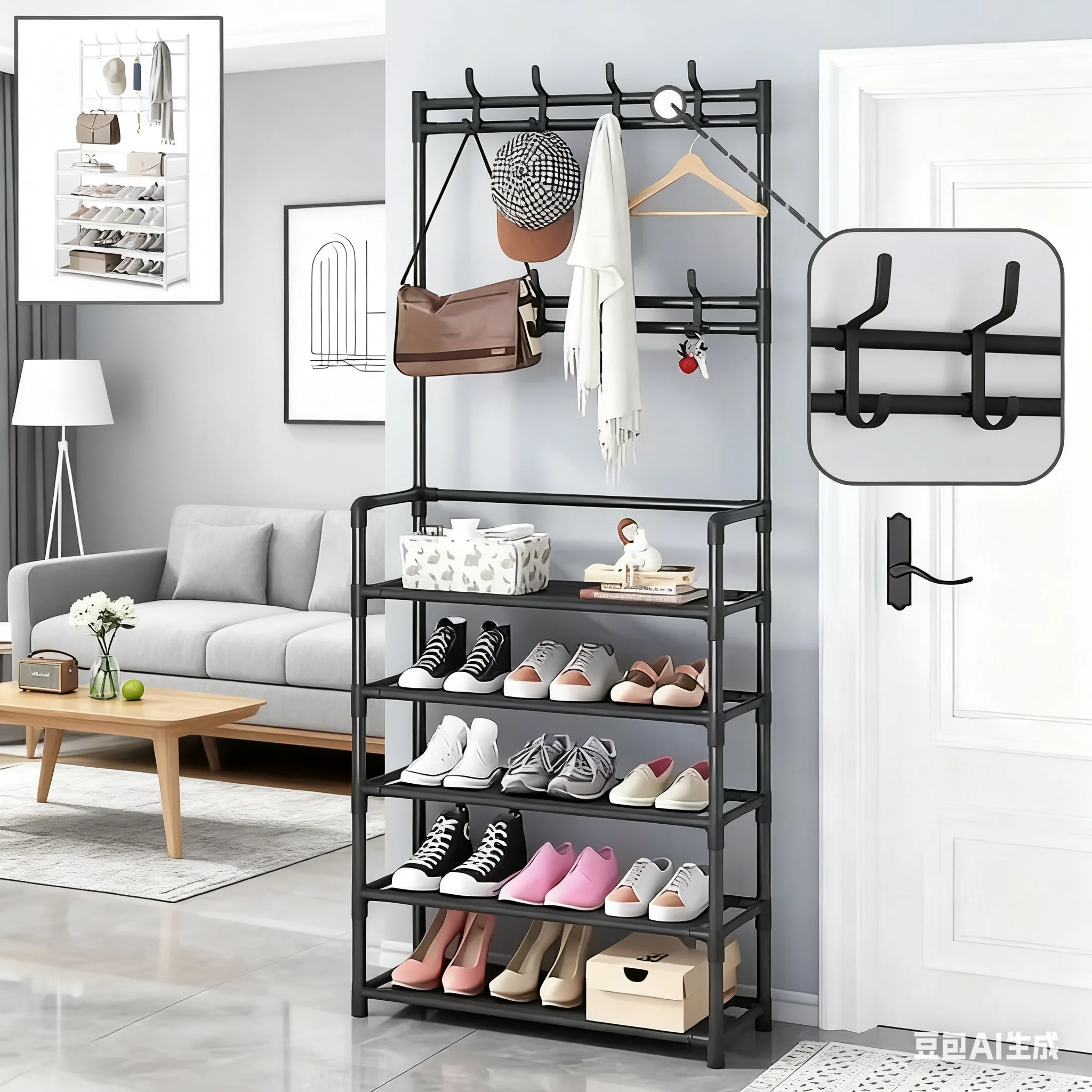 

5-Tier Shoe Rack Coat Hook Combination Space Saving 60CM Width Dormitory Hallway Storage Organizer with Installation Hooks