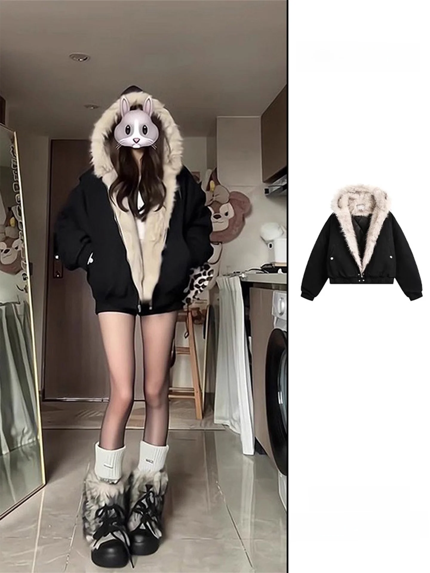 

Retro American Sle Furry Collar Hooded Jaet Women's Cotton Coat Winter New Sle Trendy Chinese Sle Zipper Closure Long...