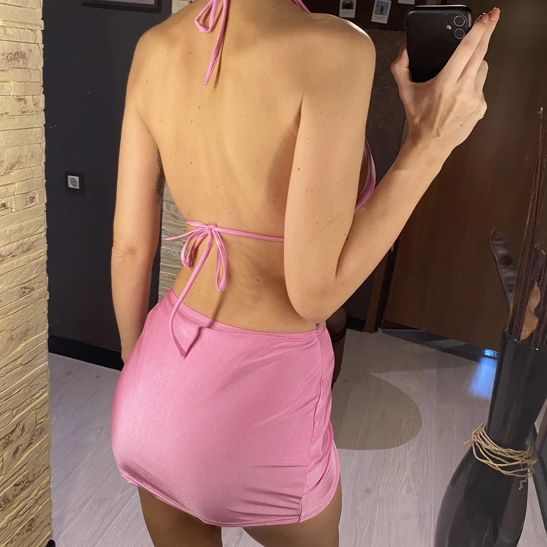 S - XL Neu mit Rock, Neckholder-Bikini, Damen-Badebekleidung, dreiteiliges Bikini-Set, Damen-Badeanzug, gepolsterter Badeanzug, Badebekleidung, Schwimmbekleidung V7266 – Detail 5