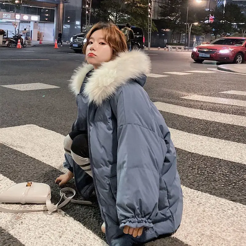 Nova jaqueta de inverno, jaqueta de algodão feminina de médio a longo, roupa de estudante solta, jaqueta de algodão com gola de pele grande
