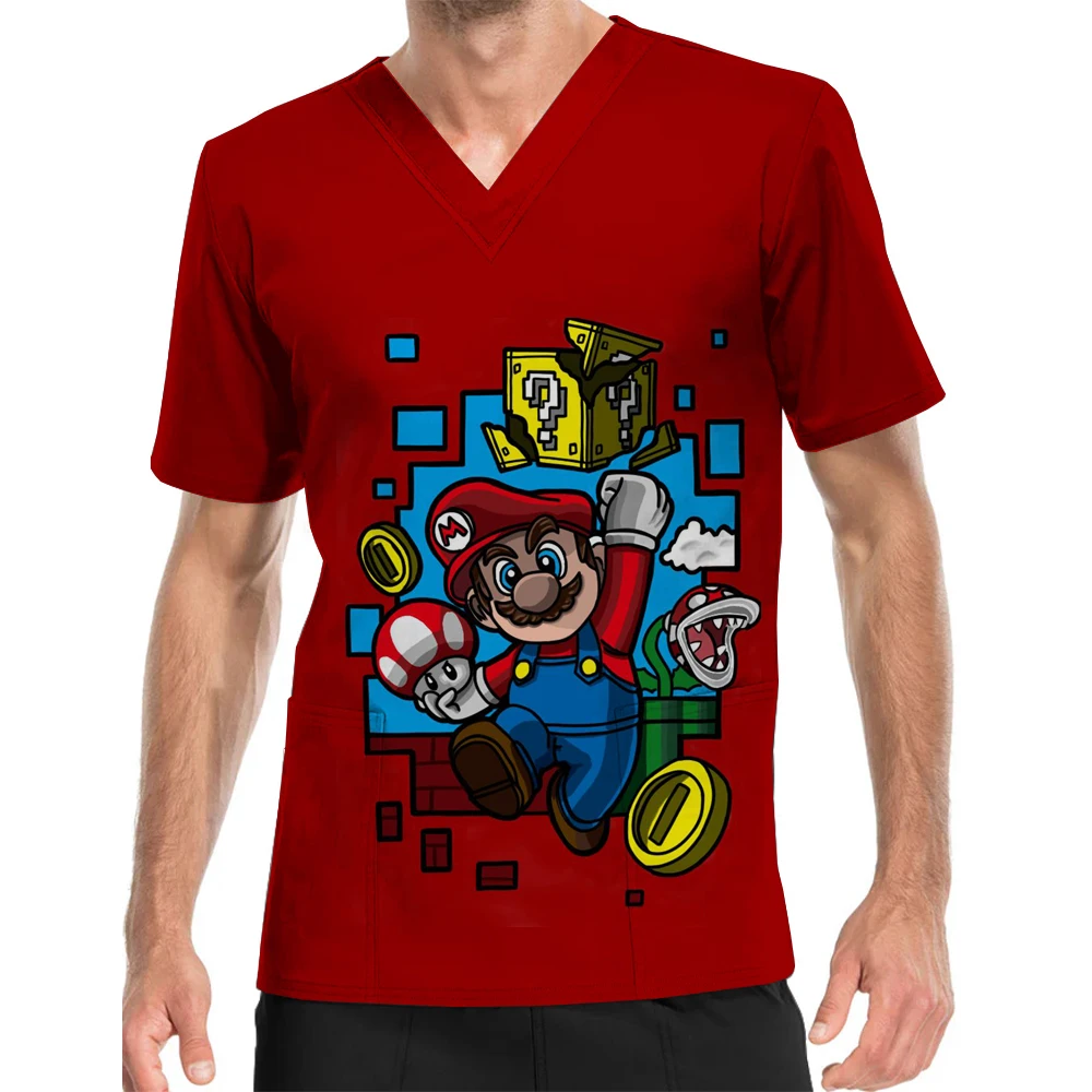 

Summer Men's Nurse Uniform Printed Super Mario Cartoon Nursing Scrub Top V-Neck Short Sleeve Pocket T-Shirt Pet Shop