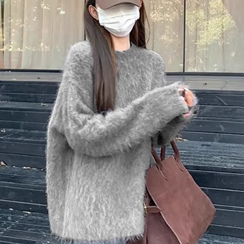 Gentle Style Purple Soft Glutinous Sweater Fluffy Imitation Mink Velvet Round Neck Pullover Knit Sweater Underwear Top