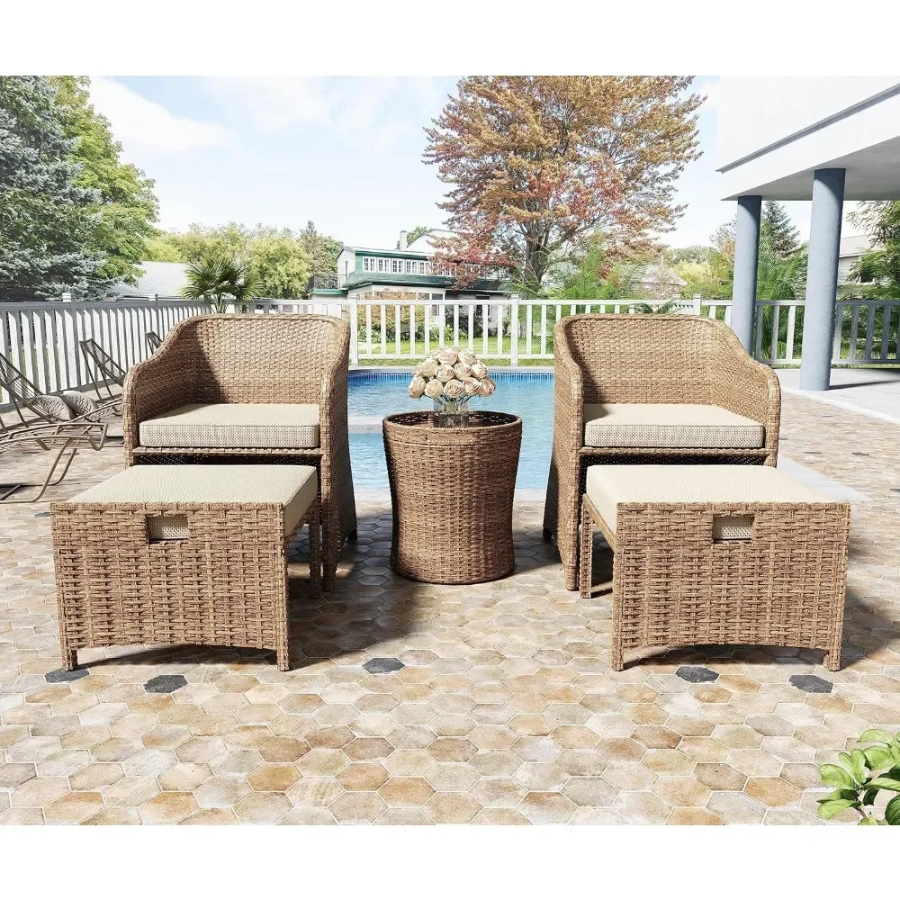 Outdoor Patio Wicker 5-Piece Furniture Set, No Assembly Required All-Weather Rattan Conversation Bistro & Storage Table