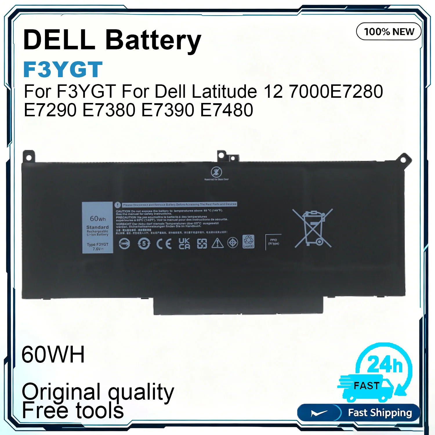 New F3YGT DJ1J0 LaptopBattery For Dell Latitude 7280 7290 7380 7390 7480 7490 E7280 E7390 E7480 P28S P29S P73G DM3WC 2X39G KG7VF