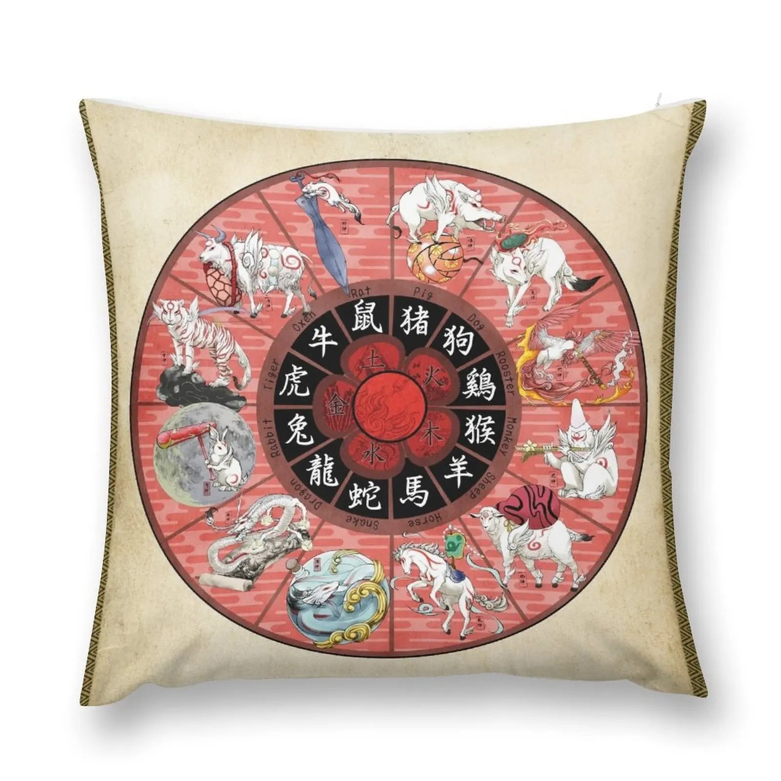 Okami Zodiac Wheel Throw Pillow Embroidered Cushion Cover Cushion Cover Luxury pillow