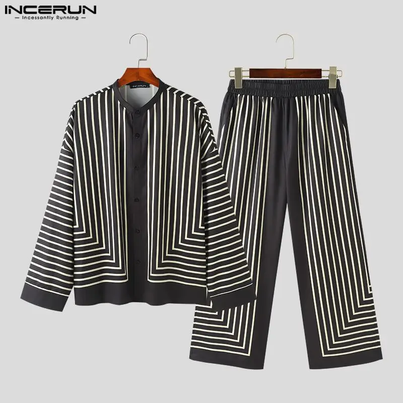 INCERUN 2024 set di stile americano nuove camicie con colletto alla coreana a righe moda uomo pantaloni lunghi Casual Streetwear set di due pezzi