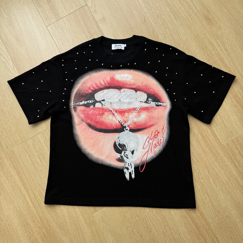 Sexy Lip Necklace Print Embroidery Rivet T Shirt Waffle Fabric Tee Men Women Black Loose Short Sleeve Breathe T-shrit Tops