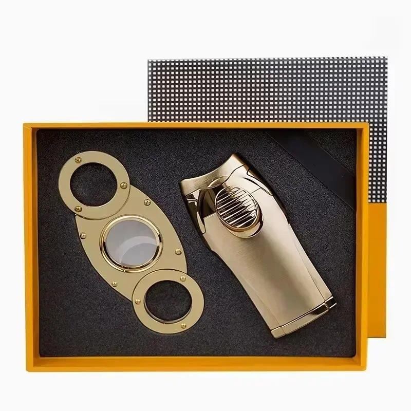 Cigar Lighter and Cutter Combo Windproof Torch Jet Flame Gas Lighter Accessories Set Butane Metal Cigar Set for Gift Box