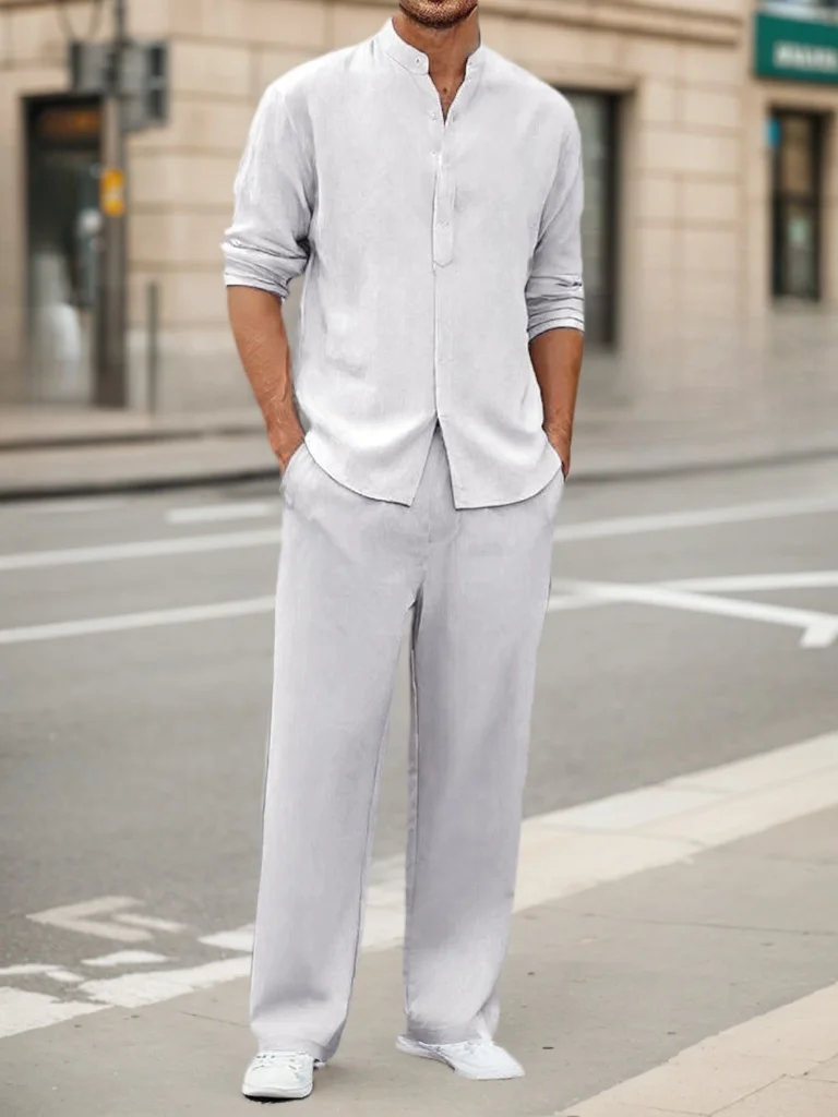 Men's Fall Casual Outfits Solid Color Henley Collar Long Sleeve Tops with Elastic Waist Pants Long Sleeve Pants Shirt Suit