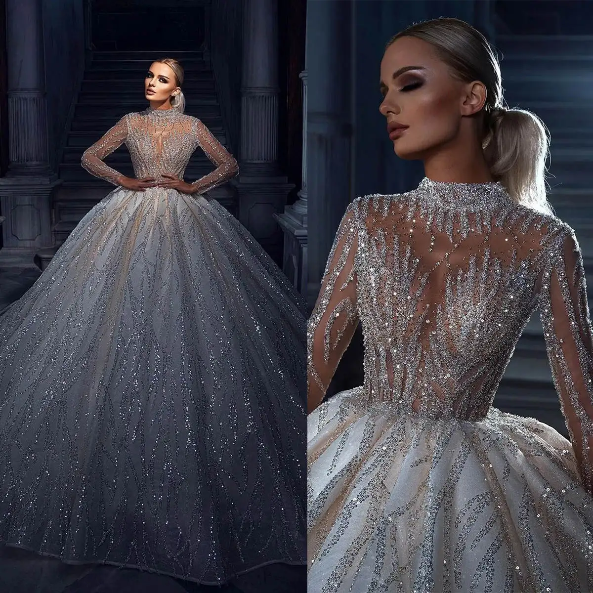 

Illusion Wedding Dress Ball Gown High Collar Sequined Ruched Long Sleeve Floor-Length Bride Vestido De Noiva Custom Made