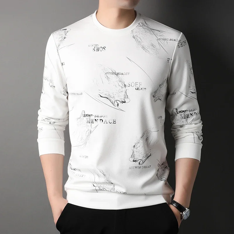 Spring New Round Neck Fashion Print Trendy and Handsome Men's Long Sleeved T-shirt Top Bottom