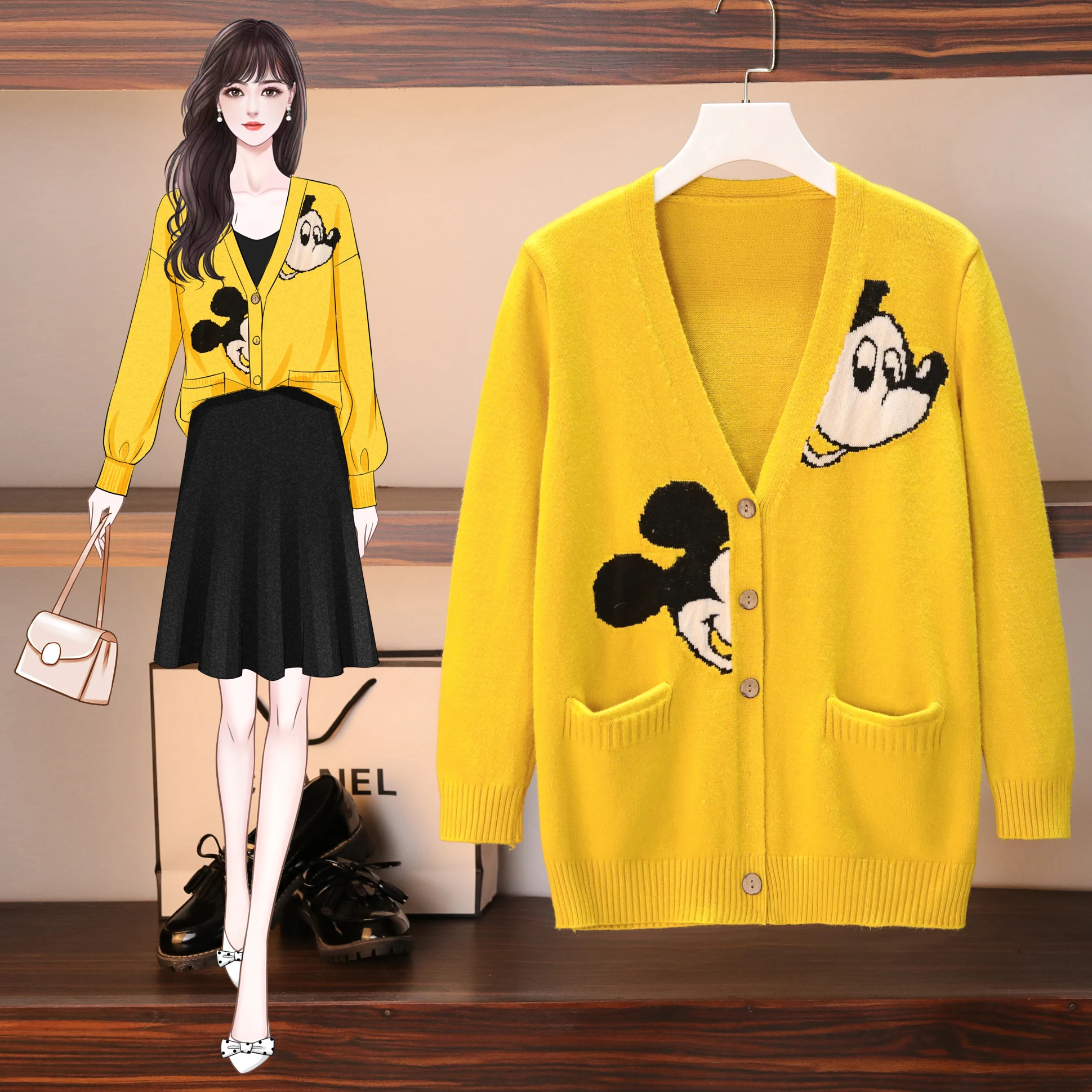 

Disney Sweater Women Autumn and Winter Preppy Style Cartoon Mickey Mouse Knit Sweater Cardigan Loose V-neck Coat