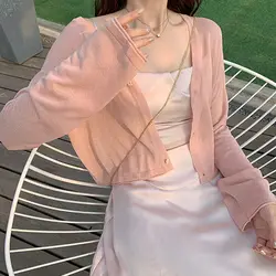 Pink Fashion Knitted Jacket Summer E Girl Full Sleeve V-neck Slim Short Cropped Cardigan New Sweet Cute Solid Women Tshirts 2023