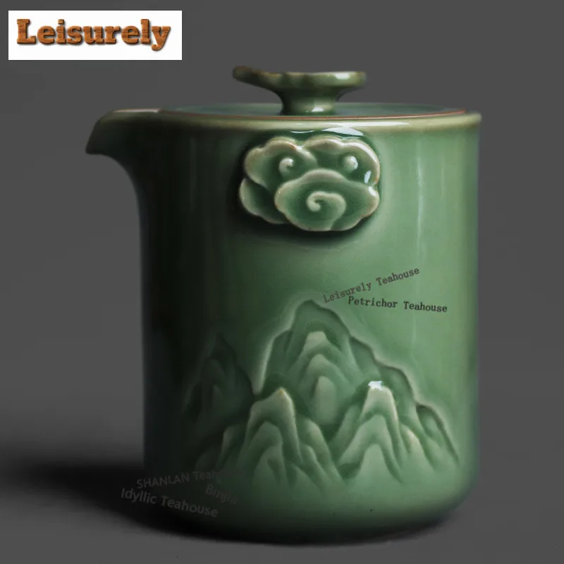 

300ML Yue Kiln Relief Mountain Handheld Teapot Handmade Tea Infuser Pot Tea Maker Kettle With Filter Teaset Decoration Craft