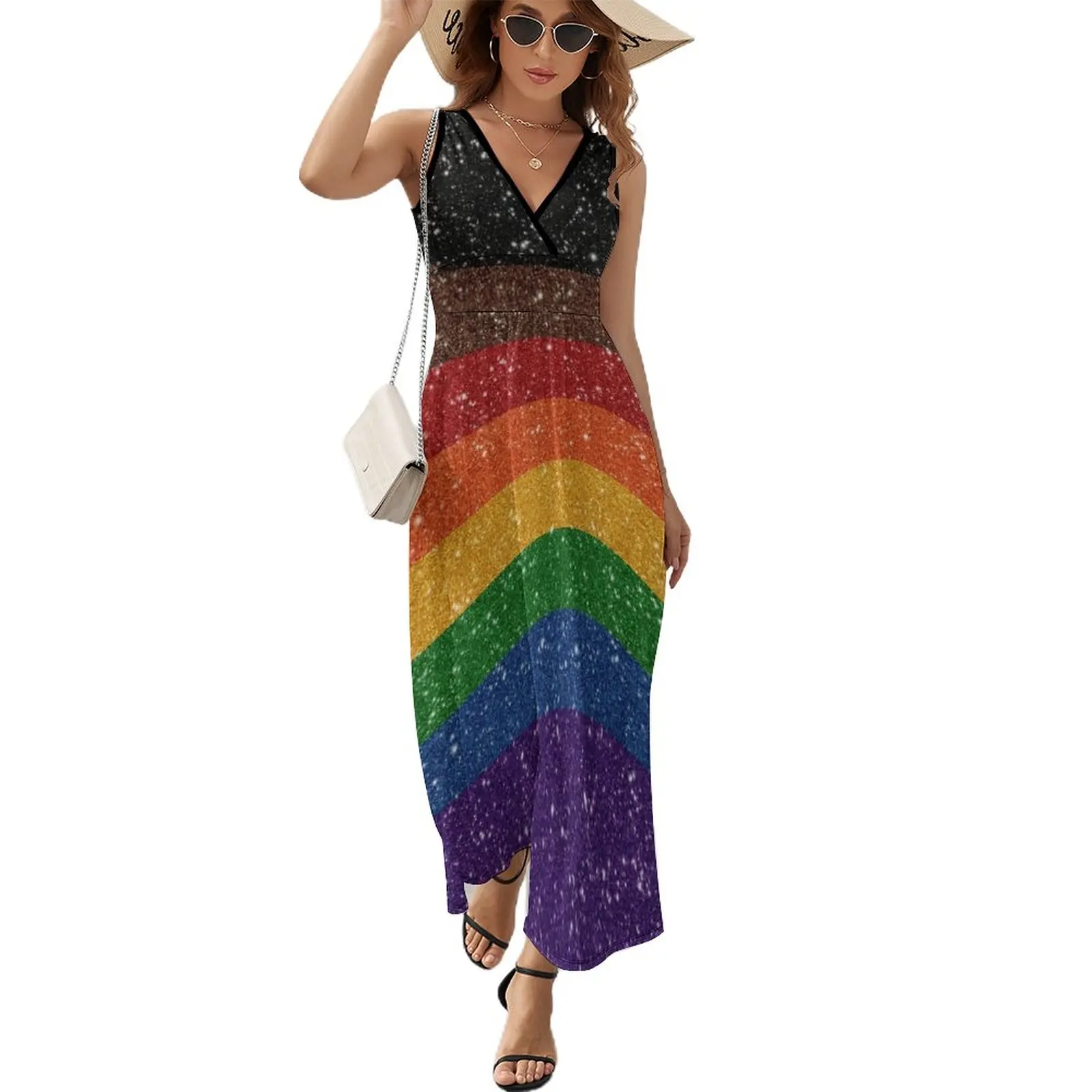 

Faux Glitter Inclusive Rainbow Pride Flag Background Sleeveless Dress Dress vintage long sleeve dresses