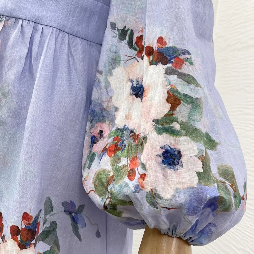 2025 New Fashion Blue Floral Print Long Sleeve Empire Midi Dress