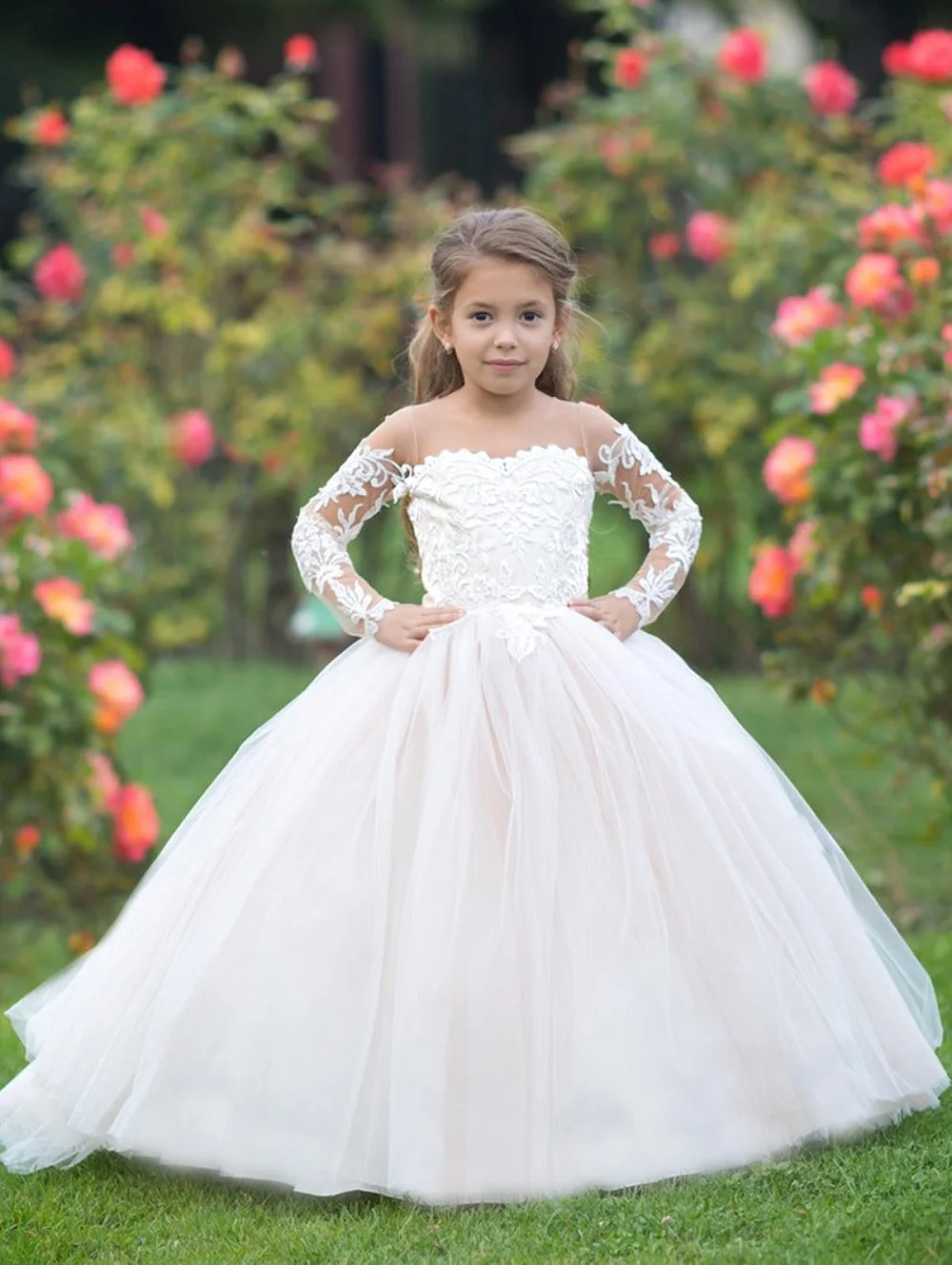 Robe de demoiselle d'honneur à manches longues, robe de Rhpour bébé, robe de princesse en tulle, ivoire, champagne, fête d'anniversaire, baume et rom, première communion, tout-petit