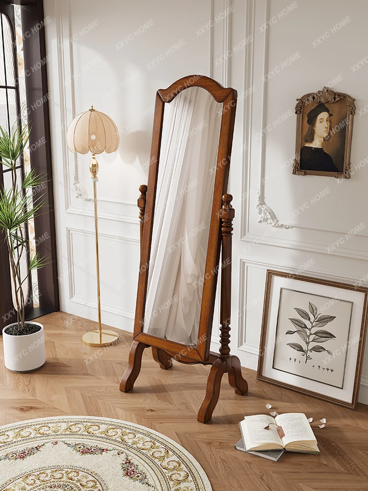 Solid Wood Dressing Mirror Bedroom Stereo Floor Mirror Retro Affordable Luxury Rotating Home Full-Length Mirror