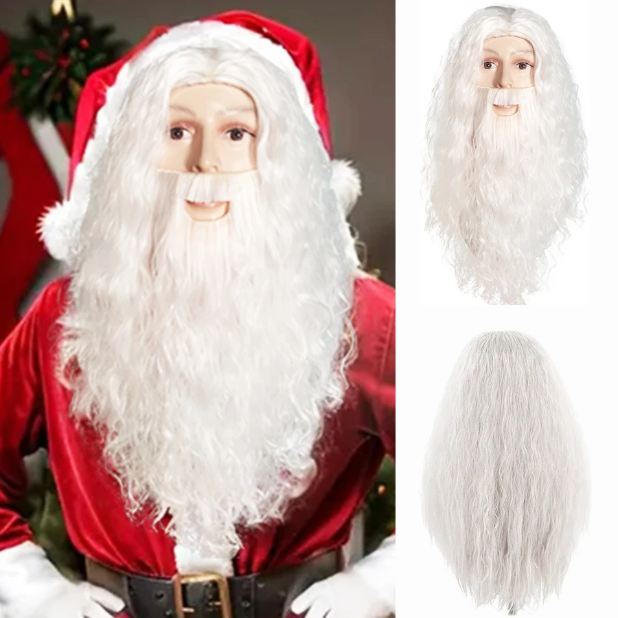 1PC Men's White Curly Wave Cosplay Beard And Wig Set 200% Density Rose Net Cap Halloween Costume Accessory for Adults