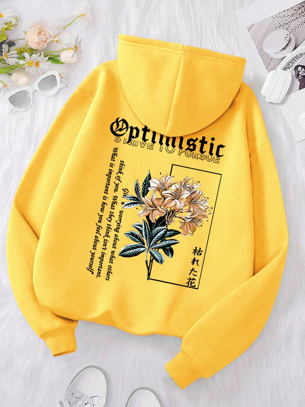 Optymistyczne bluzy z kapturem Strive To Porsue Harajuku Flower Mężczyźni Kobiety Hip Hop Street Clothes Fleece Sportswear Casual Pullovers Hoody — zdjęcie 4