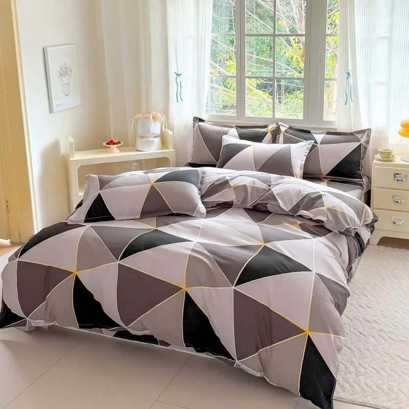 4pcs Grey Tone Triangle Geometric Bedding Set Soft Breathable Bed Linen with Duvet Cover Pillowcases Sheet, Full/Queen/King Size