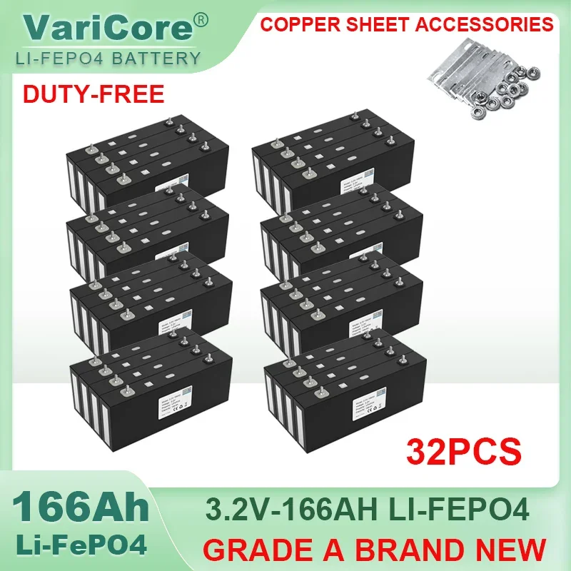 32pcs 3.2V 166Ah LiFePO4 Rechargeable battery DIY 4s 12v 24V Golf Cart Motorcycle Electric Car Travel Solar Batteries Duty-free