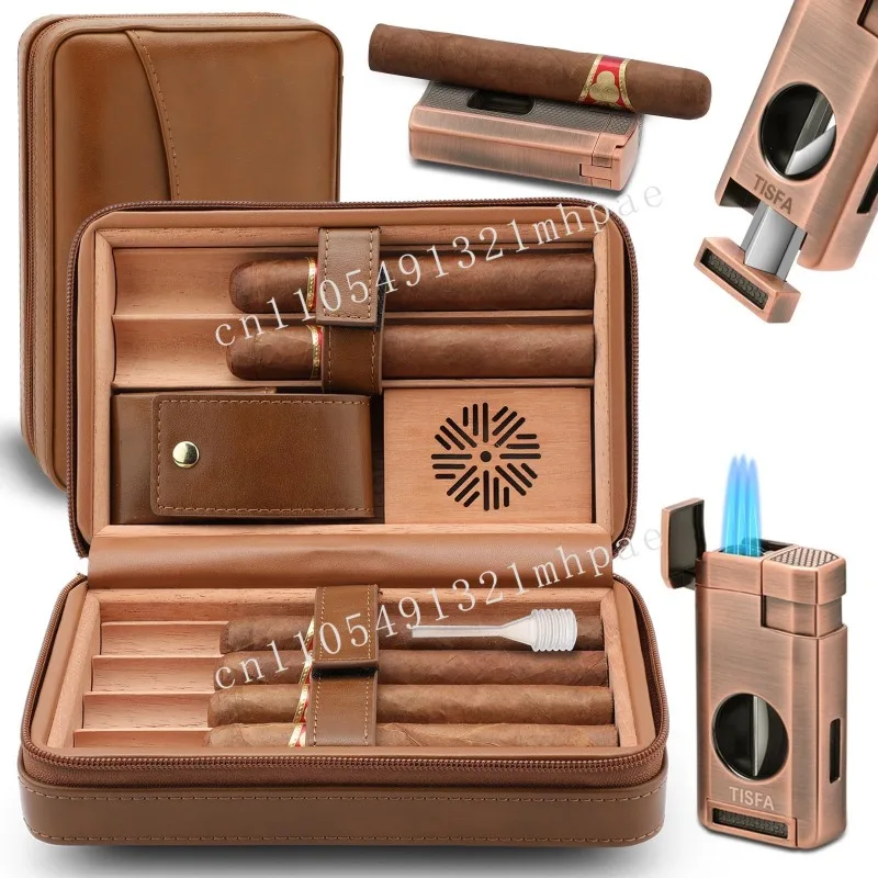

Leather Cigar Humidor with Built-in Lighter Cutter Punch Humidifier Cedar Tray