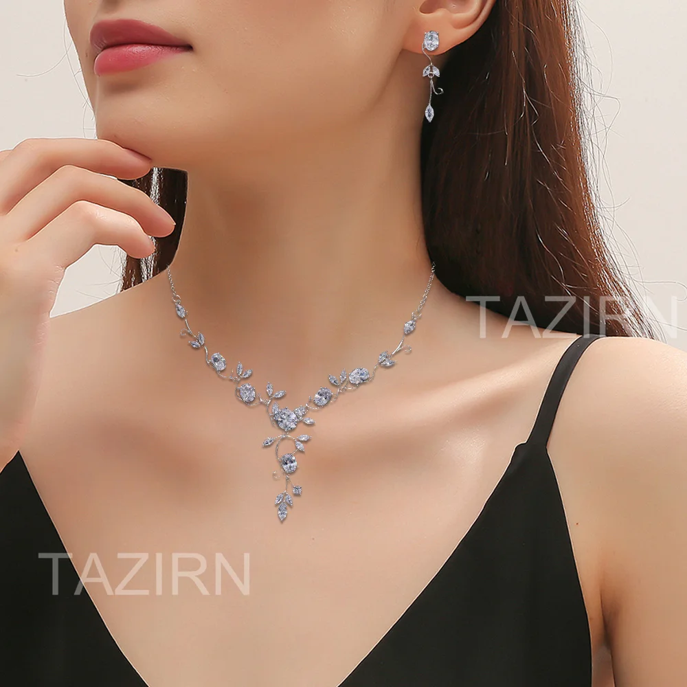 TAZIRN AAA Cubic Zirconia 2PCS Jewelry Set for Women CZ Crystal Earring Necklace Sets Wedding Bridal Dress Jewelry Accessories