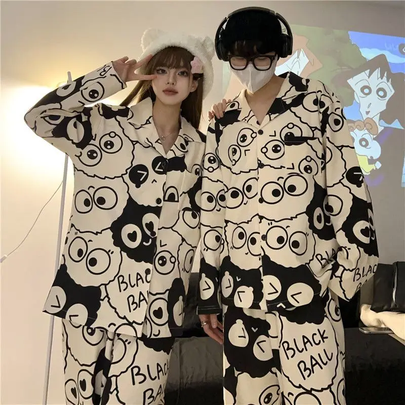 Sleepwear Korean Couples Pajamas Spring and Autumn Women\'s Pajamas Long-sleeved Trousers Cartoon Homewear V-neck Pajama Sets