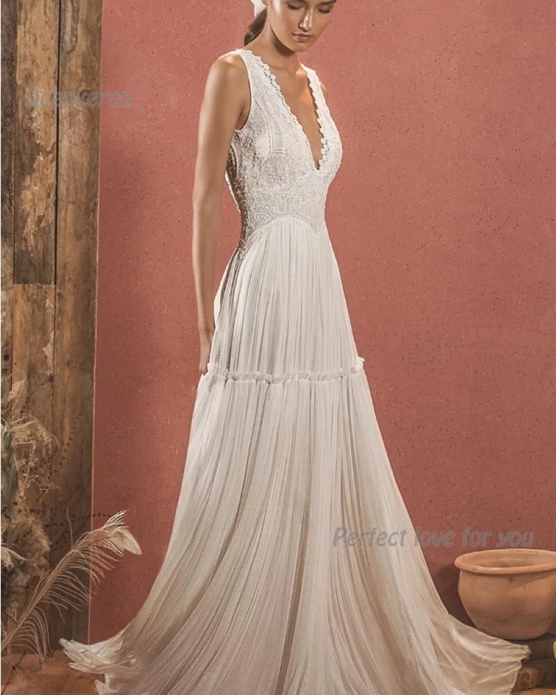 

Qcenkeren A-Line vestidos de novia V-Neck Boho Style Tiered Tulle Bridal Gown Backless Wedding Dress For SA Sexy Women 2024