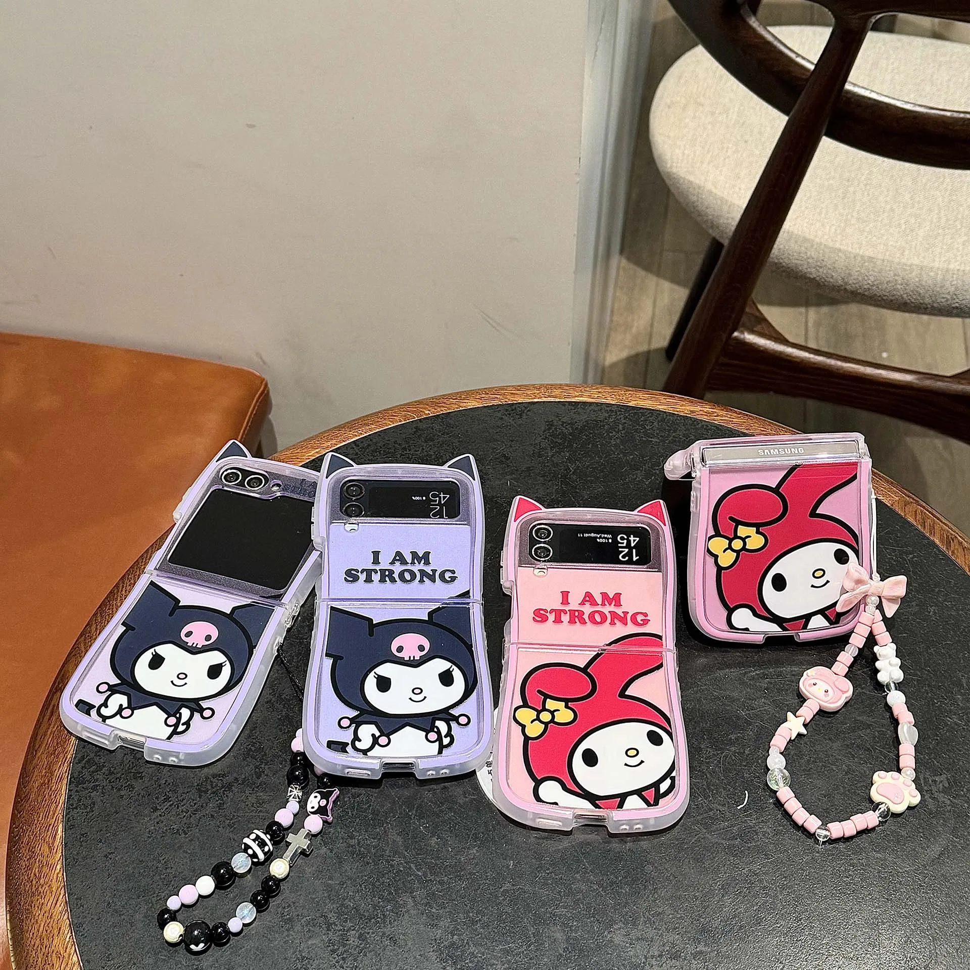 Cute Case For Kuromi Melody Cat Ear For Samsung Z Flip 7/6/5/4/3, Shockproof Protective Cover With Beaded Lanyard Cartoon Gifts