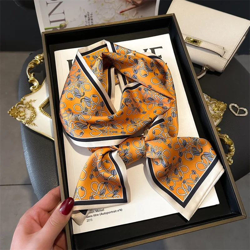 Luxury Fashion Flower Print Silk Scarf Women Thin Neck Long Scarves Narrow Office Lady Shawl Bandanas Female Skinny Hairbands