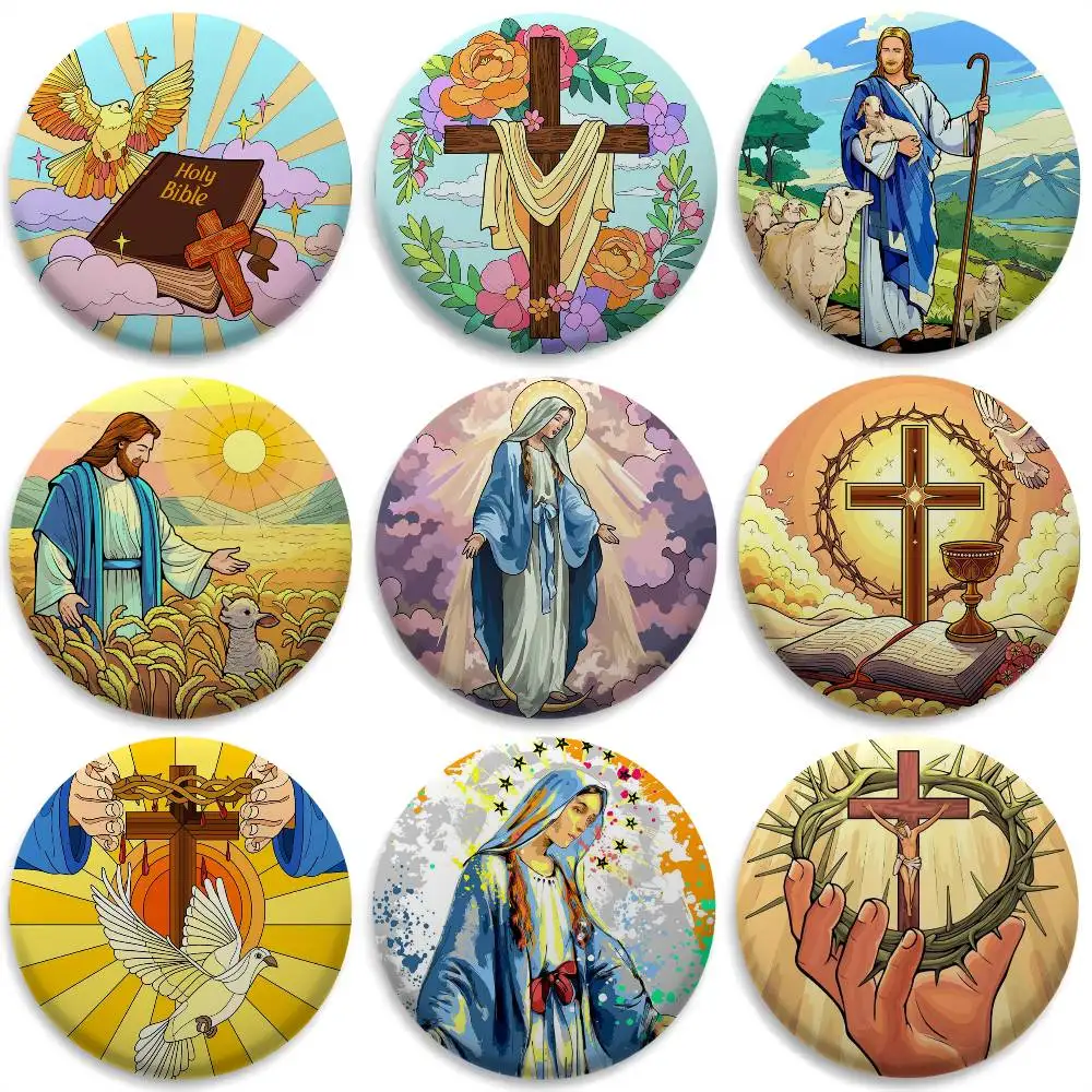 

Virgin Mary Jesus Christ Badges Round Exquisite Badge Brooches Creative Pins For Clothes Hat Backpack Gift Accessories