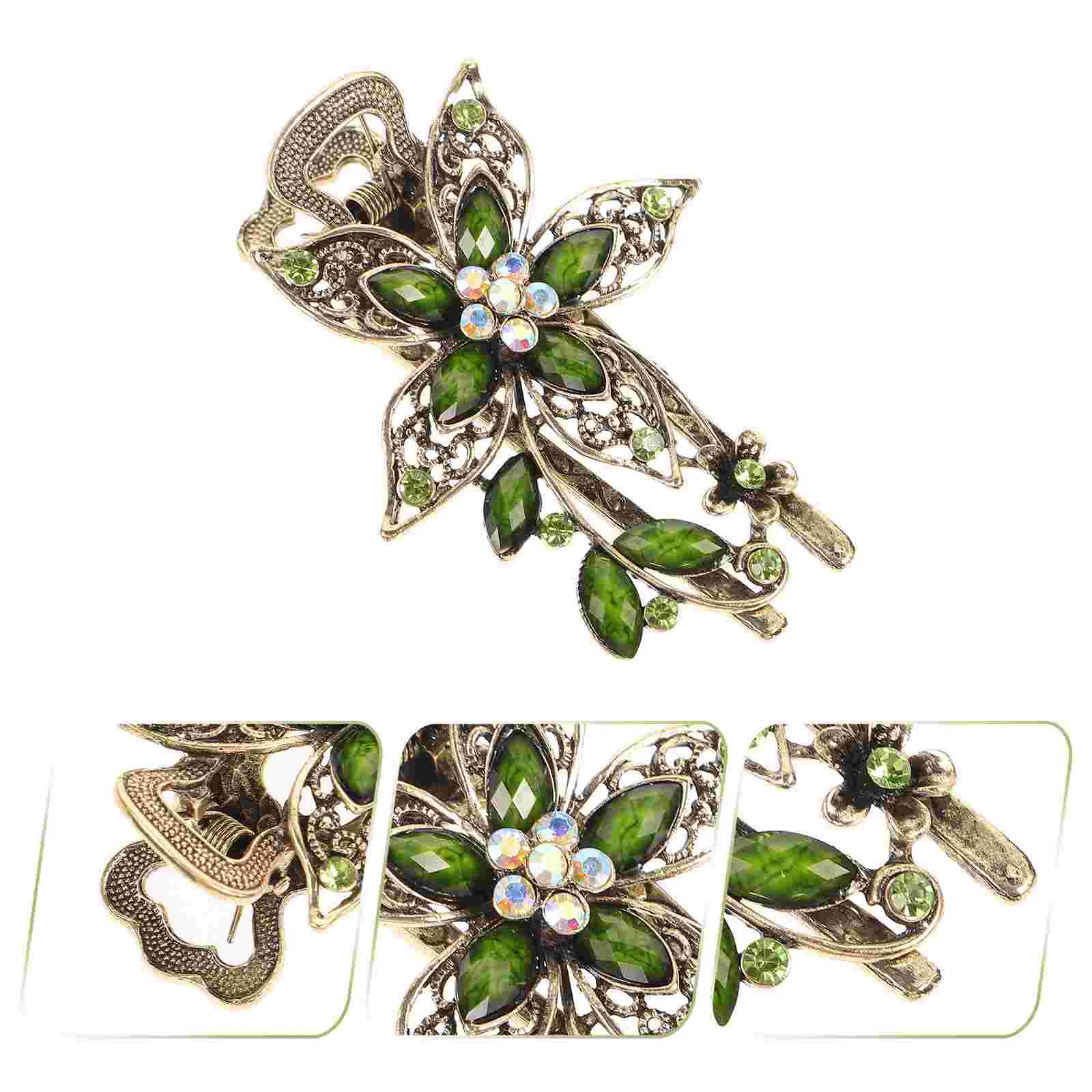 

Rhinestones Hair Accessories Flower Barrette Button Vintage Hairclip Clamp Women's Green Decor