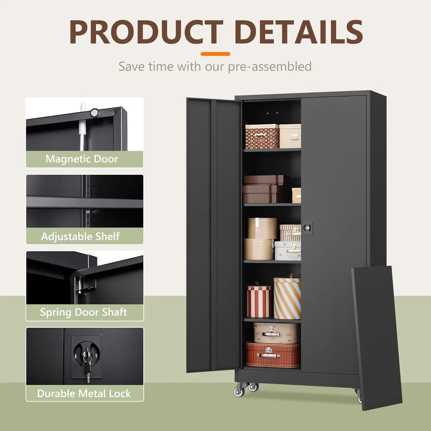 73' Black Locking Tool Cabinet with Wheels, 2 Doors, 4 Shelves, Heavy Duty Garage Storage