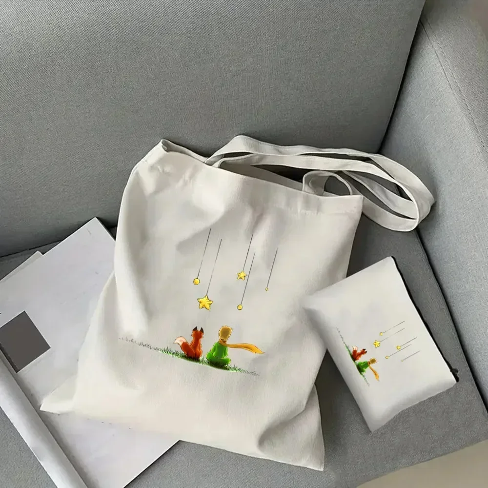 2pcs  Little Prince Tote Bag Set Earth Space Gift Bag Canvas Handbag with Makeup Storage Bag Folding Grocery Shopping Bag