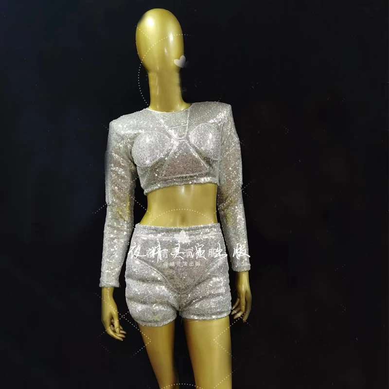 Sexy Gogo Dancer Costumes Silver Sequins Bodysuit Women Men Pole Dance Clothing Bar Ds DJ Nightclub Performance Wear XS8069