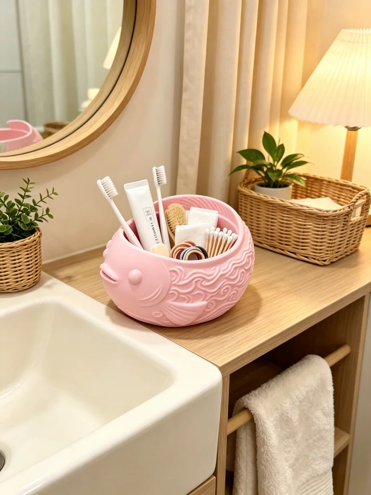 Cartoon Fish-Shaped Storage Bowl, Multi-Purpose Desktop Storage Container with Matte Texture and Embossed Wave Design, Can Be Used as a Small Fish-Shaped Pen Holder, Makeup Brush Holder, Jewelry Tray, Storage for Stationery, Hair Accessories, and Small Items, Suitable for Dressing Tables, Office Desks, Bathrooms, Made of Durable Petg Material, Desktop Decoration, Student Supplies, a Great Gift for Girls