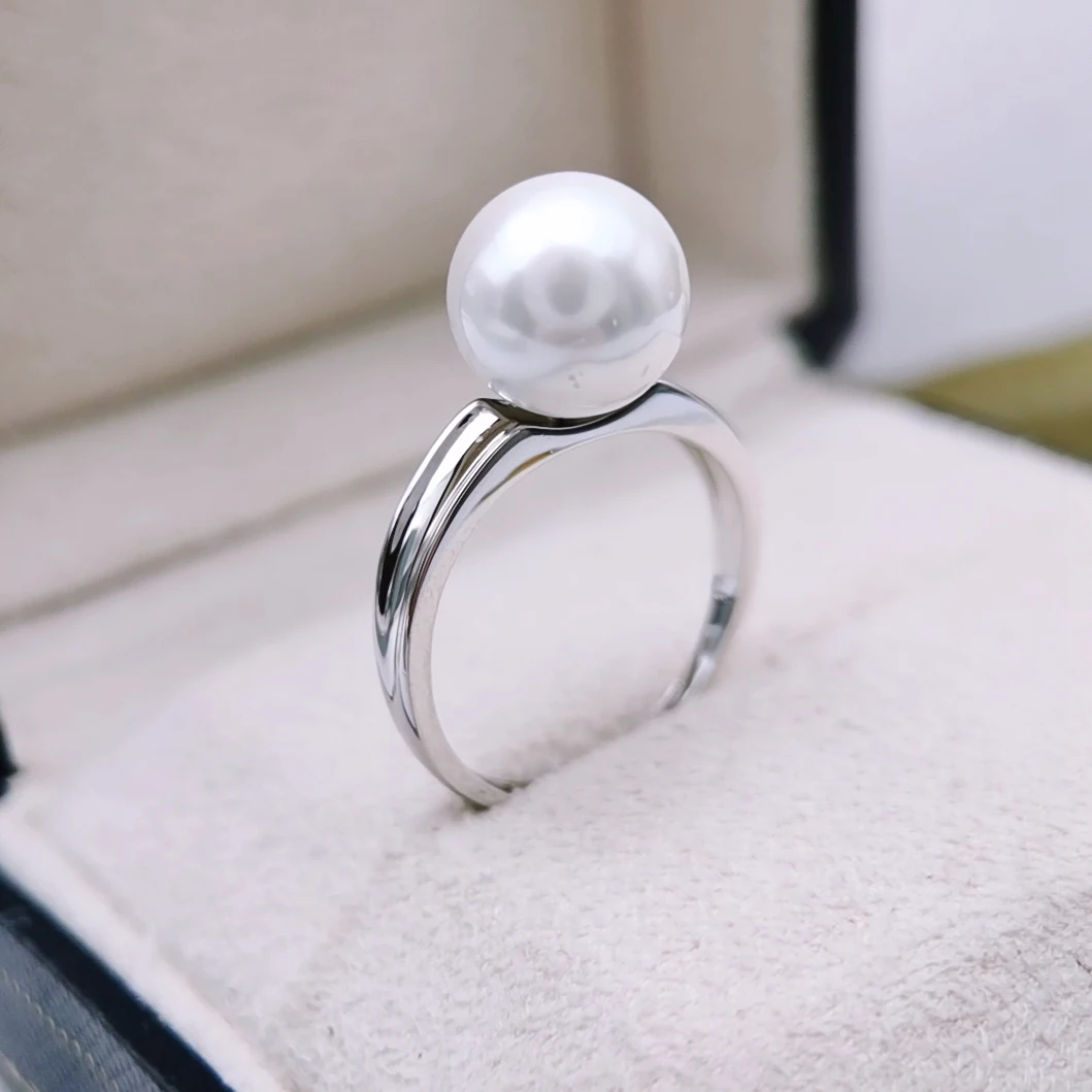 Simplified AAAAA+ 12-13mm 10-11mm 8-9mm White Real Natural Round Fine Jewelry Pearl Ring S925 Silver