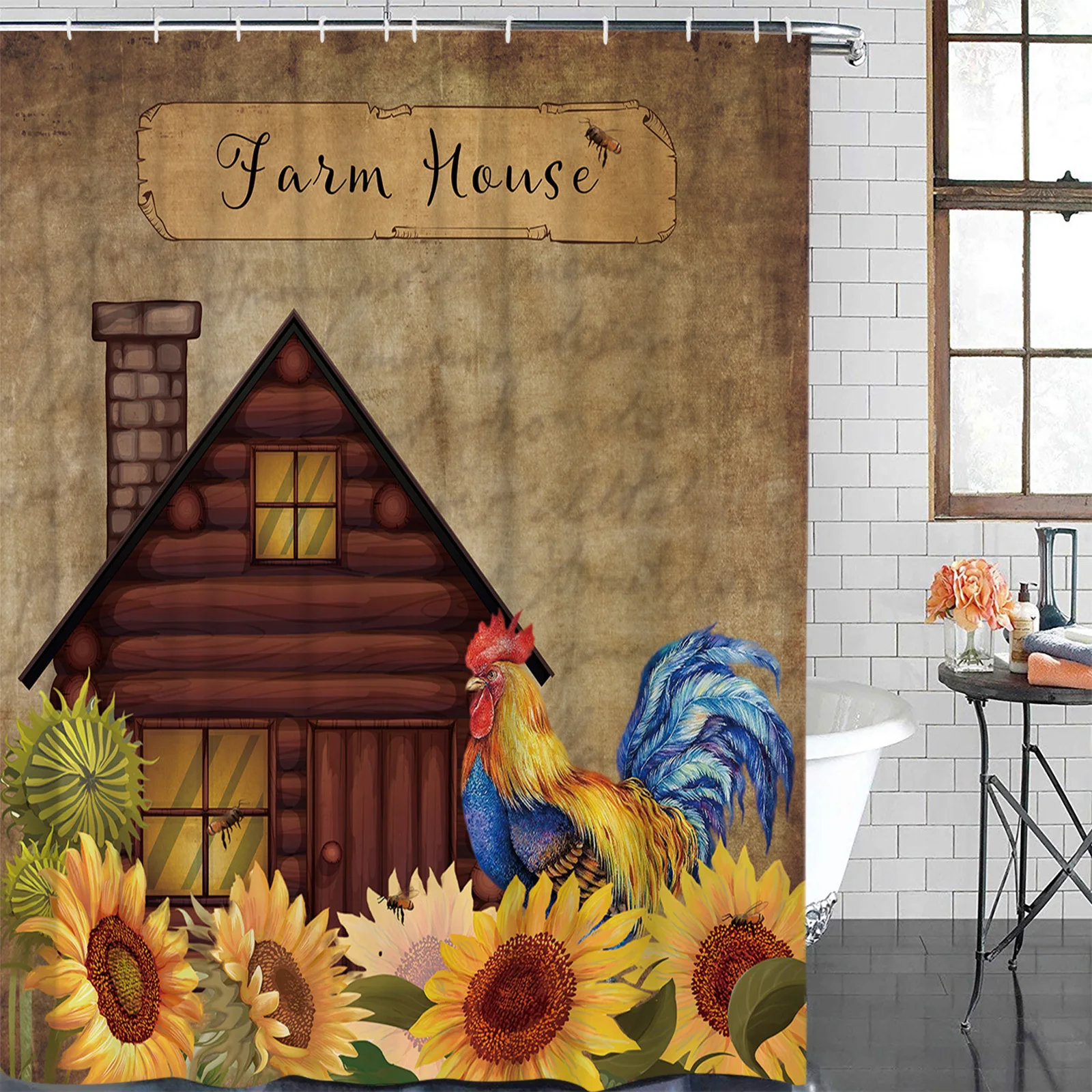 Farm Sunflower Rooster Vintage Waterproof Bathroom Decoration Shower Curtain Printed Bathtub Curtains Bathroom Accessories