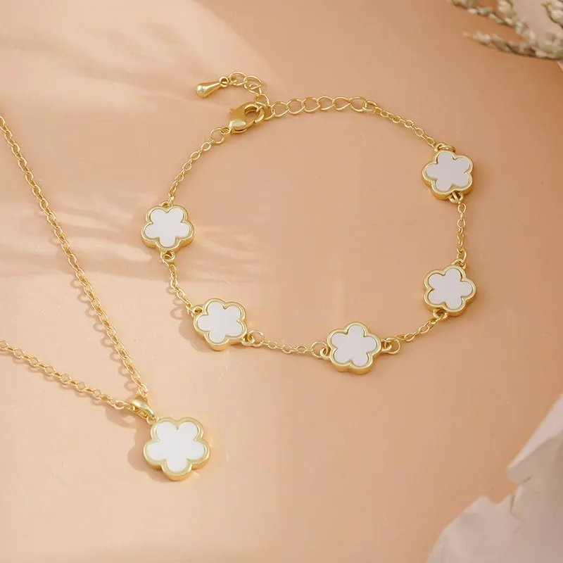 

Five Leaf Clover Pattern Bracelet Necklace Set For Women Fashion Trend Flower Charm Hand Chain Jewelry Birthday Party Gifts