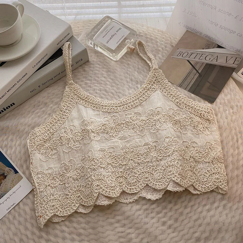 Boring Honey Contrast Color Embroidery Crop Top Korean Style Be All-Match Wavy-Edge Tank Tops Women Round Collar Tops