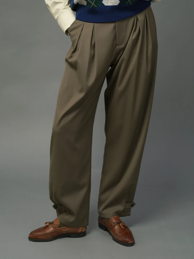 

Экрю-коричневые винтажные свободные брюки с двойными складками и манжетами, модные повседневные брюки для женщин, для работы и отдыха, с завышенной талией