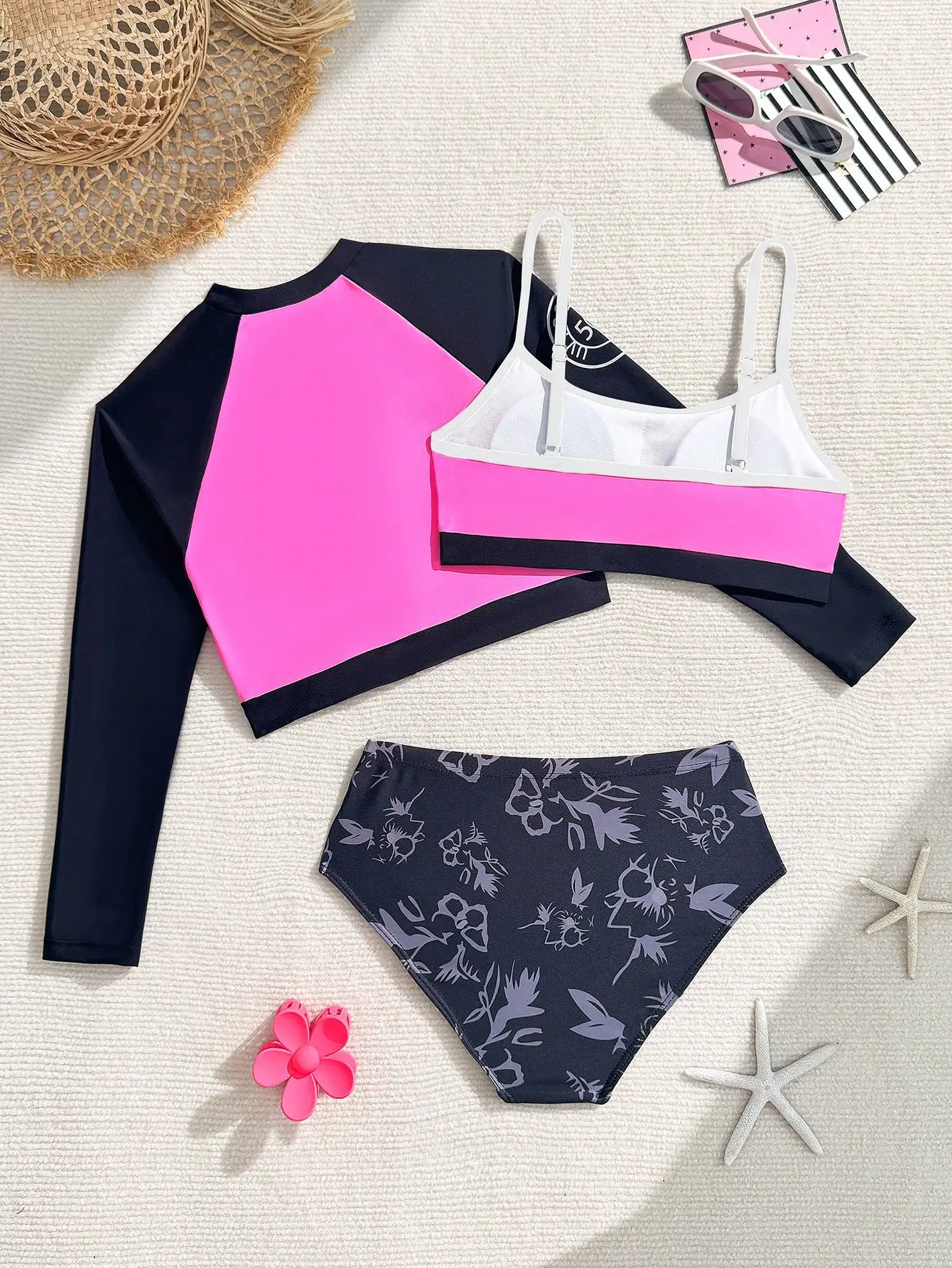 

Women's 3 Piece Swimsuit Set Pink Black Long Sleeve Rash Guard Floral Bottom Beach Swimwear