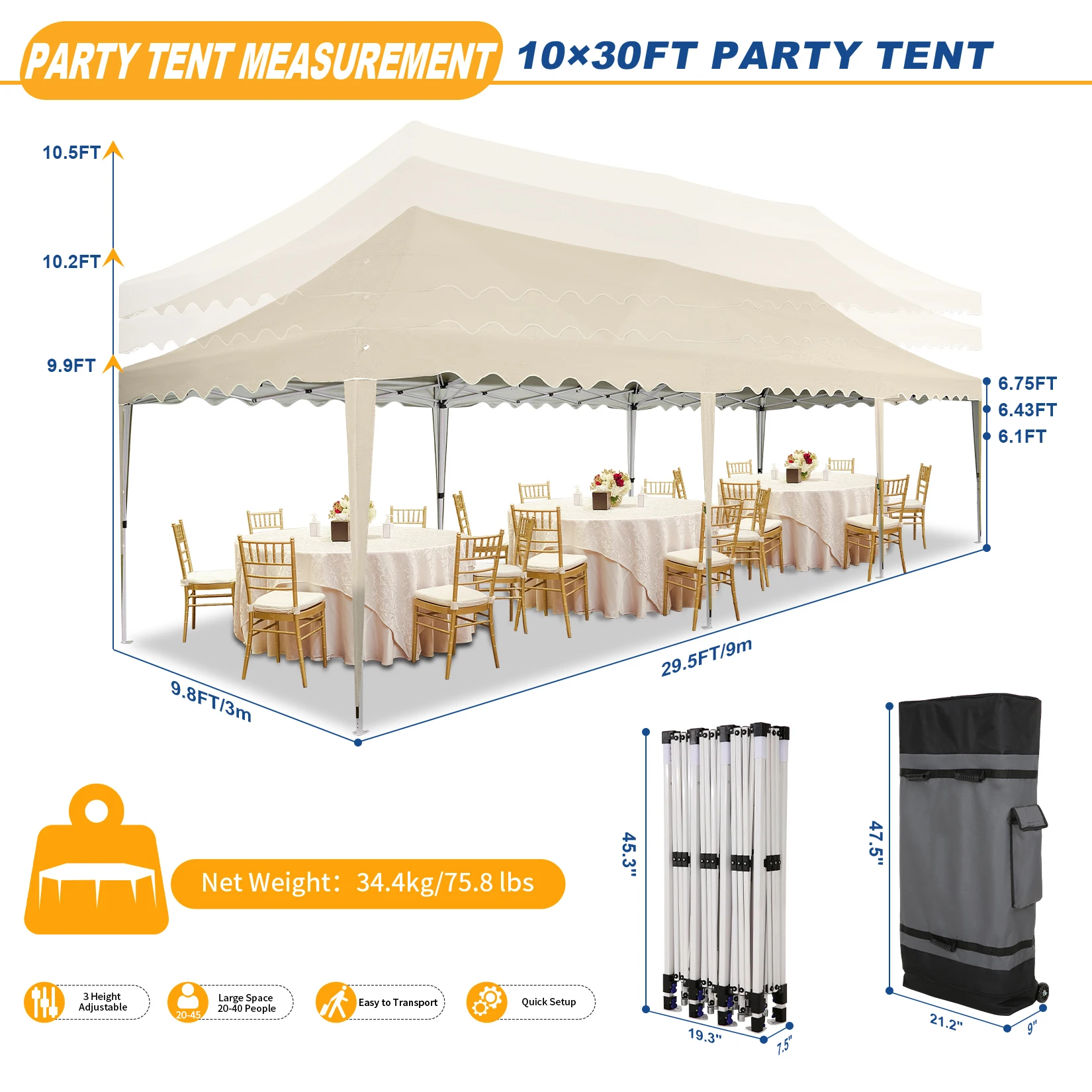 Canopy Tent 10x30 Party Tent with 8 Sidewalls, Waterproof Portable Pop Up Canopy Outdoor Easy Setup Canopy with Roller Bag